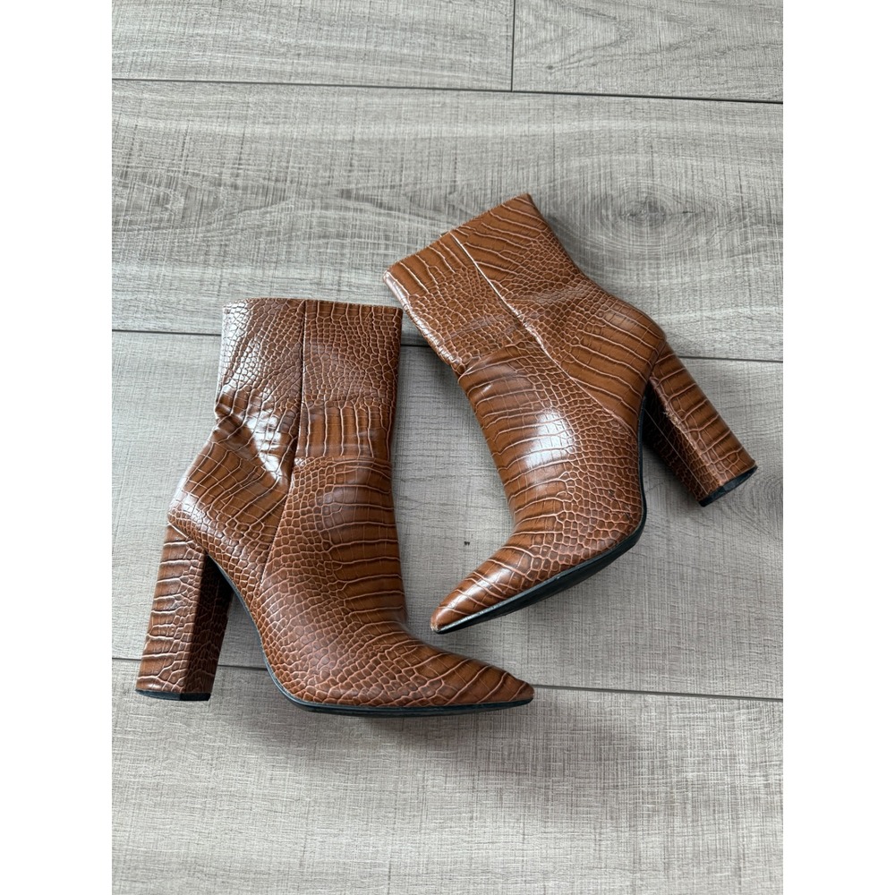 Cognac Brown Croc Embossed Pointed Toe Block Heel Ankle Boots